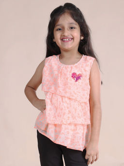 KiddoPanti - Girls Peach Sleeveless Flower Printed Layered Top