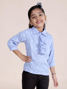 KiddoPanti - Girls Blue Floral Printed Collar Neck Top