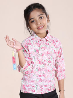KiddoPanti - Girls White Floral Printed Collar Neck Top