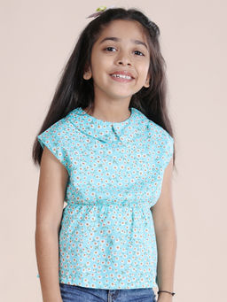 KiddoPanti - Girls Blue Floral Printed Drop Shoulder Top