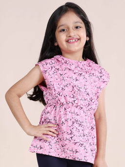 KiddoPanti - Girls Pink Floral Printed Drop Shoulder Top