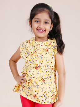 KiddoPanti - Girls Yellow Floral Printed Drop Shoulder Top