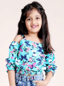 KiddoPanti - Girls Aqua Strappy Cold Shoulder Printed Top