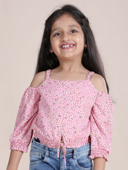 KiddoPanti - Girls Pink Strappy Cold Shoulder Printed Top