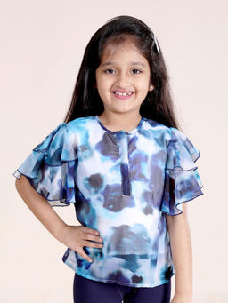KiddoPanti - Girls Blue Frill Layered Sleeves Printed Top