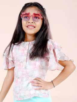 KiddoPanti - Girls Multi-Color Frill Layered Sleeves Printed Top