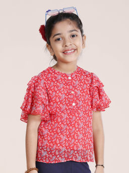 KiddoPanti - Girls Red Frill Layered Sleeves Printed Top