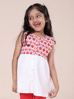 KiddoPanti - Girls Red Sleeveless Reversible Printed Top