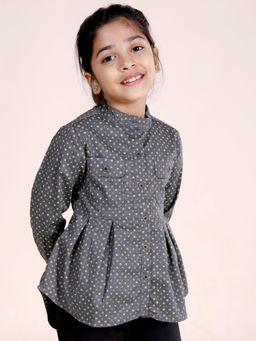 KiddoPanti - Girls Grey Pleated Yoke Printed Top