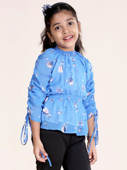 KiddoPanti - Girls Blue Gathered Smocking Waist Top