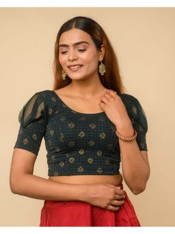 BINDIGASM'S ADVI - Teal Metallic Dobby Buti Organza Puff Sleeve Stitched Blouse
