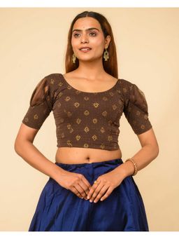 BINDIGASM'S ADVI - Brown Metallic Dobby Buti Organza Puff Sleeve Stitched Blouse