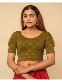 BINDIGASM'S ADVI - Olive Metallic Dobby Buti Organza Puff Sleeve Stitched Blouse