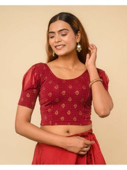 BINDIGASM'S ADVI - Maroon Metallic Dobby Buti Organza Puff Sleeve Stitched Blouse