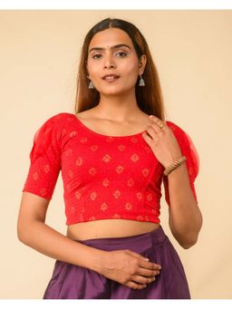 BINDIGASM'S ADVI - Red Metallic Dobby Buti Organza Puff Sleeve Stitched Blouse
