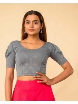BINDIGASM'S ADVI - Blue Metallic Dobby Buti Organza Puff Sleeve Stitched Blouse