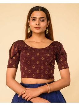 BINDIGASM'S ADVI - Wine Metallic Dobby Buti Organza Puff Sleeve Stitched Blouse