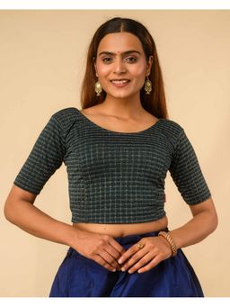 BINDIGASM'S ADVI - Metallic Teal Check Stripes Foil-3 Zari Buti Buttons Stitched Blouse