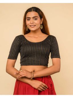 BINDIGASM'S ADVI - Metallic Black Check Stripes Foil-3 Zari Buti Buttons Stitched Blouse