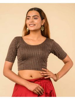 BINDIGASM'S ADVI - Metallic Brown Check Stripes Foil-3 Zari Buti Buttons Stitched Blouse