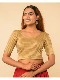 BINDIGASM'S ADVI - Metallic Beige Check Stripes Foil-3 Zari Buti Buttons Stitched Blouse
