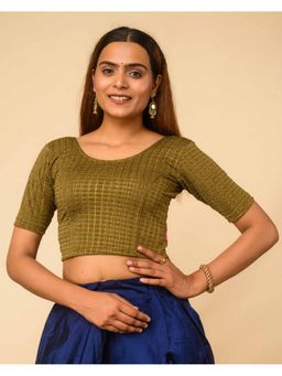 BINDIGASM'S ADVI - Metallic Olive Check Stripes Foil-3 Zari Buti Buttons Stitched Blouse