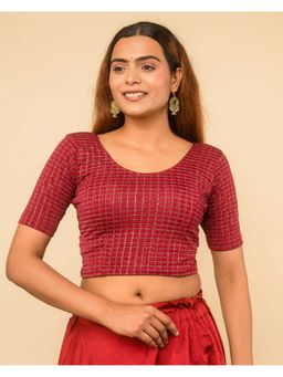 BINDIGASM'S ADVI - Metallic Maroon Check Stripes Foil-3 Zari Buti Buttons Stitched Blouse