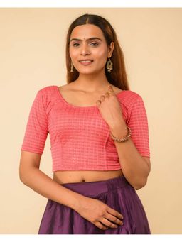 BINDIGASM'S ADVI - Metallic Coral Check Stripes Foil-3 Zari Buti Buttons Stitched Blouse