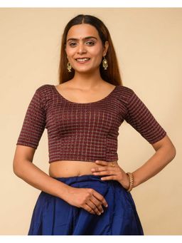 BINDIGASM'S ADVI - Metallic Wine Check Stripes Foil-3 Zari Buti Buttons Stitched Blouse