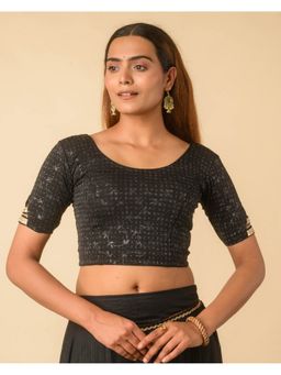 BINDIGASM'S ADVI - Metallic Black Dobby-Round Shape And Lace At Sleeves Stitched Blouse