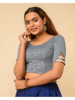 BINDIGASM'S ADVI - Metallic Grey Dobby-Round Shape And Lace At Sleeves Stitched Blouse