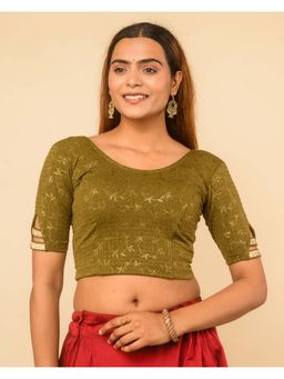BINDIGASM'S ADVI - Metallic Olive Dobby-Round Shape And Lace At Sleeves Stitched Blouse