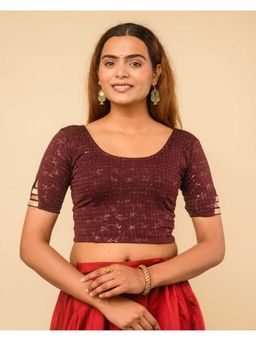 BINDIGASM'S ADVI - Metallic Wine Dobby-Round Shape And Lace At Sleeves Stitched Blouse