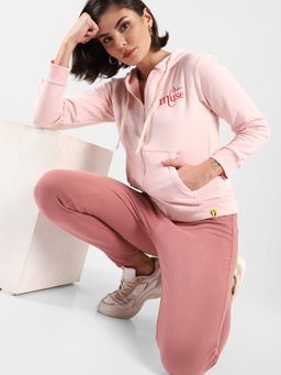 Campus Sutra - Women Pink Printed Regular Fit Sweatshirt with Hooded Neck for Winterwear