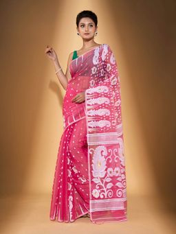 Beatitude - Pink Cotton Silk Jacquard Jamdani Saree with Unstitched Blouse