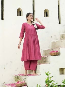 JITI - Gulabi Phool Pink Anarkali Kurta with Palazzo (Set of 2)