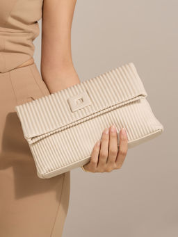 RSVP by Nykaa Fashion - White Textured Quilted Square Buckle Rectangular Clutch