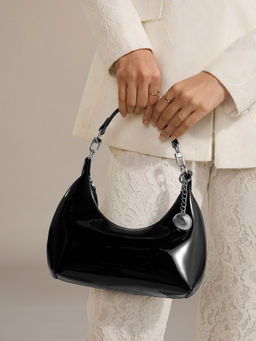 RSVP by Nykaa Fashion - Black Solid Ball Charm Patent Leather Shoulder Bag (Set of 2)