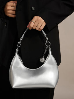 RSVP by Nykaa Fashion - Silver Metallic Ball Charm Patent Leather Shoulder Bag (Set of 2)