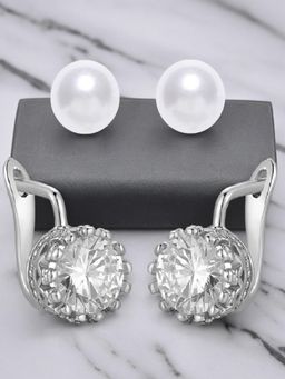 OOMPH - Combo Of 2 White Pearl and Silver Round Cubic Zirconia Ear Stud and Drop Earrings