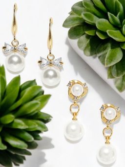 OOMPH - Set Of 2 Gold Tone White Pearl Fashion Delicate Drop Earrings