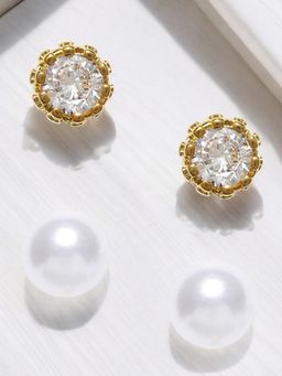 OOMPH - Combo Of 2 Gold Round Crown Cubic Zirconia and White Pearl Ear Stud Earrings