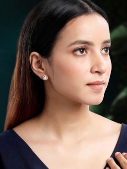 Peora - Gold Plated Cubic Zirconia Studded Floral Stud Earrings