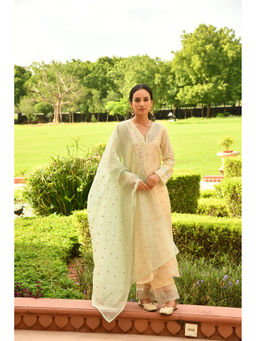 Seher Jaipur - Beige Ida Kurta with Pant and Dupatta (Set of 3)