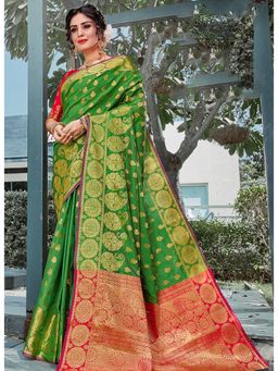 Sangam Prints - Green Jacquard Work Traditional Saree with Unstitched Blouse