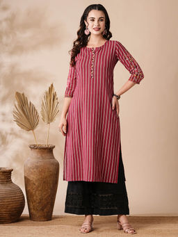 FASHOR - Stripes Printed Resham and Beads Embroidered Kurta