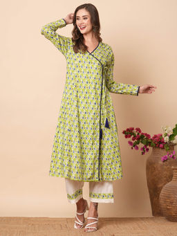 FASHOR - Womens Printed Crochet Lace Work Angarkha Kurta and Pant (Set of 2)