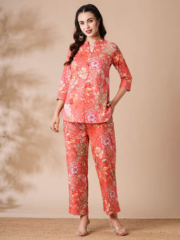 FASHOR - Womens Peach Floral Printed Buttoned Co-ord (Set of 2)