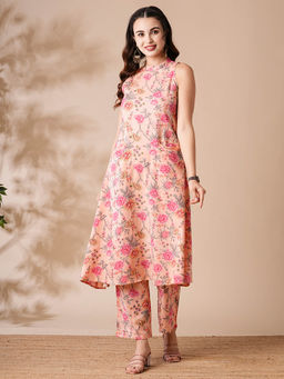 FASHOR - Womens Floral Printed A-line Kurta and Pant Peach (Set of 2)
