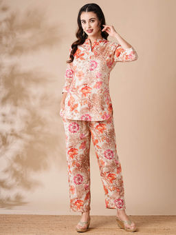 FASHOR - Womens Off White Floral Printed Buttoned Co-ord (Set of 2)